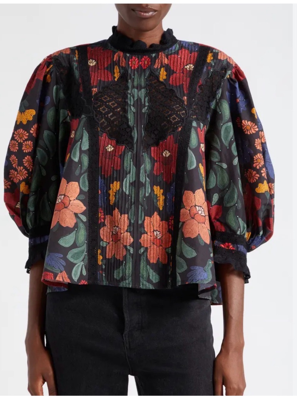 Farm Rio Black Floral Lace Puff Sleeve Peasant Top Size Small